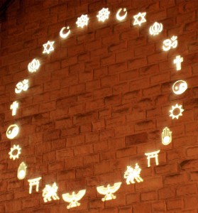 symbols made of light projected on a wall